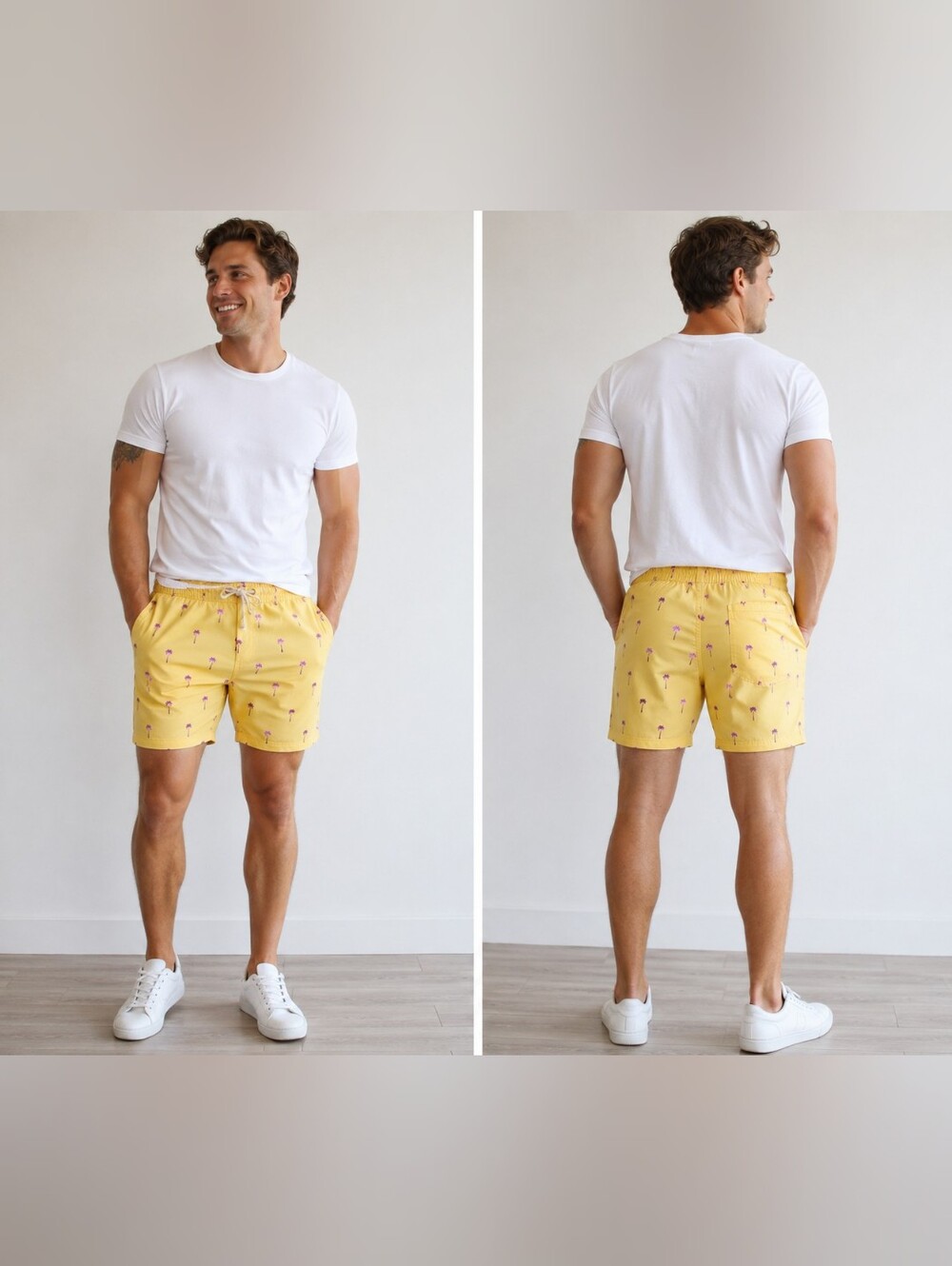 Drill NYC Palm Tree Print Hybrid Swim Shorts Yellow Purple NWT Men's Medium Stre